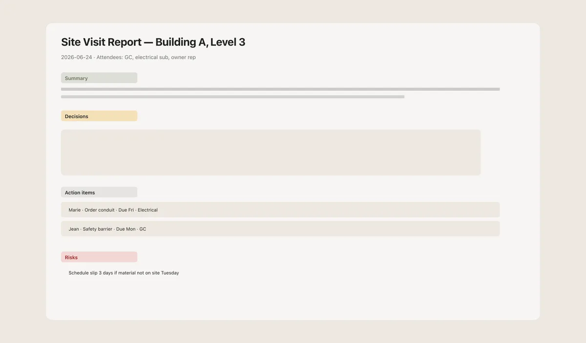 Exemple de rapport structuré de visite de chantier