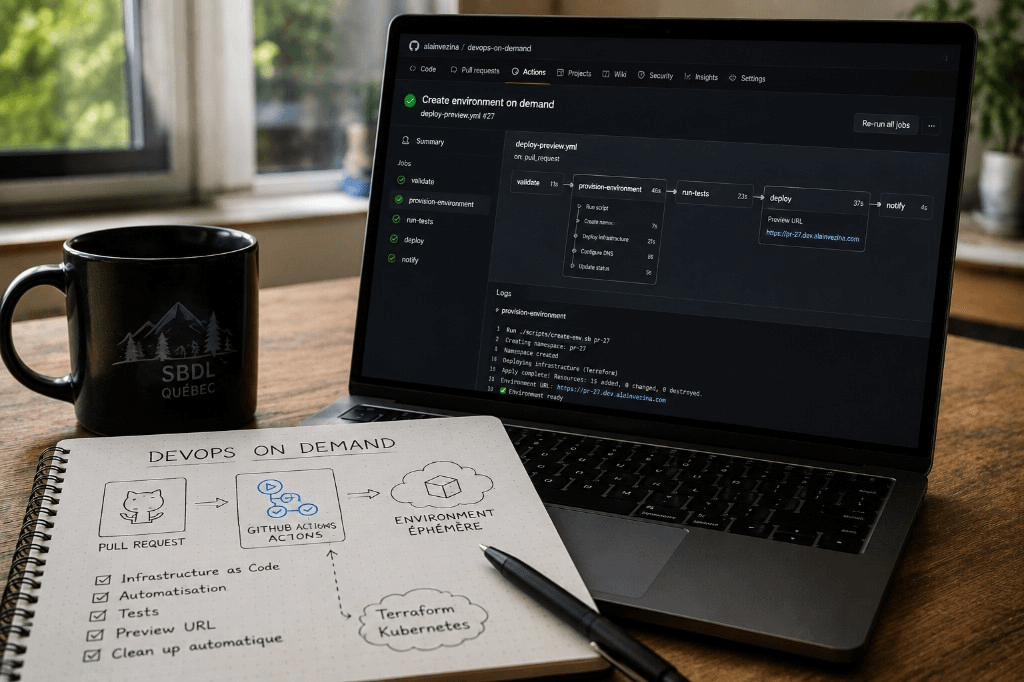 Bureau avec pipeline GitHub Actions et notes DevOps on demand